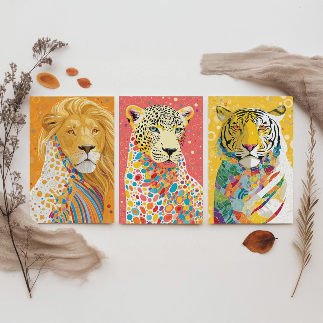 Big Cats Set of Three Art Prints - Lion, Leopard, Tiger - Colourful Wildlife Wall Art Poster Painting Gift Safari Decor