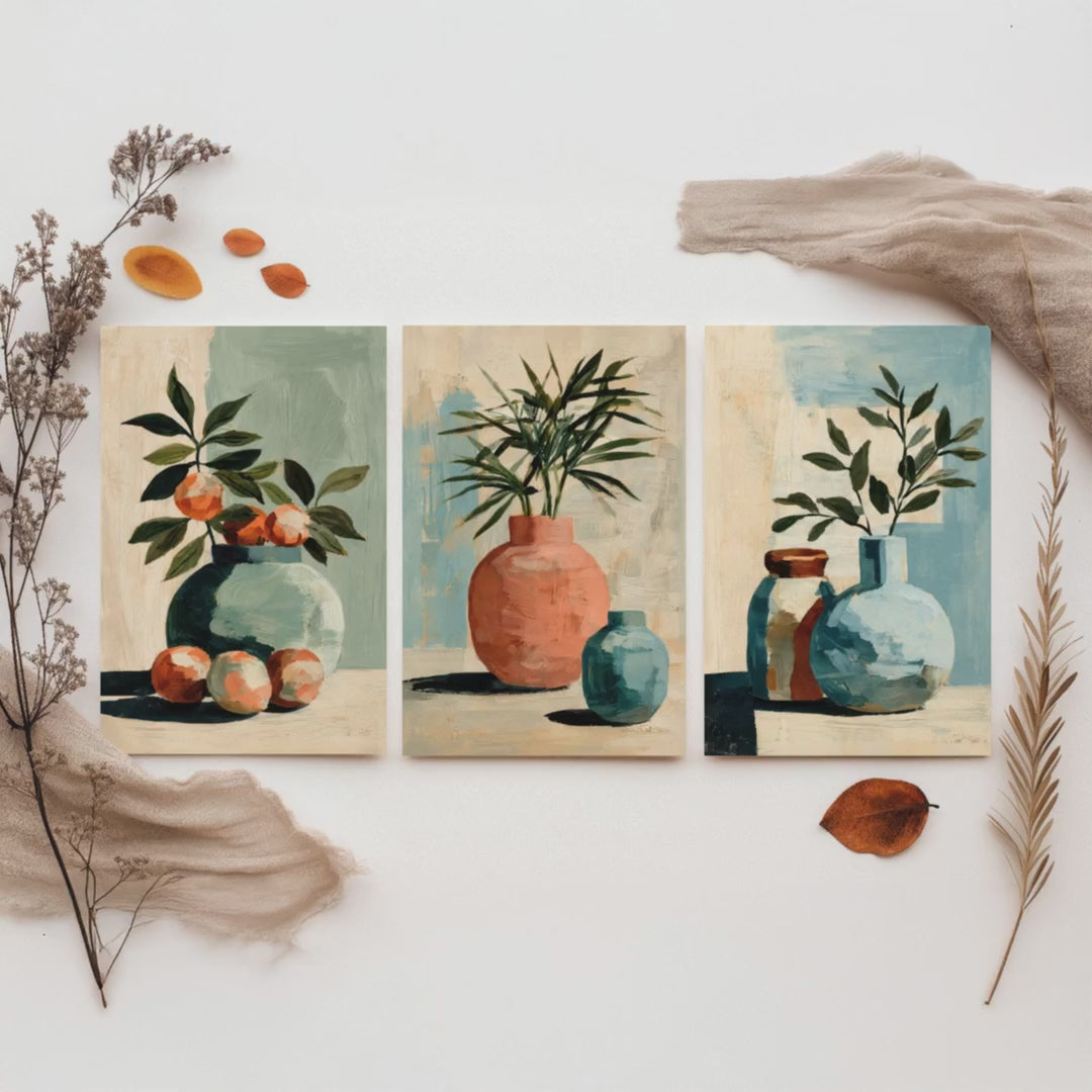 Painterly Ceramic Vases Set of Three Art Prints - Boho Still Life Wall Art - Neutral Botanical Poster Painting Gift Decor
