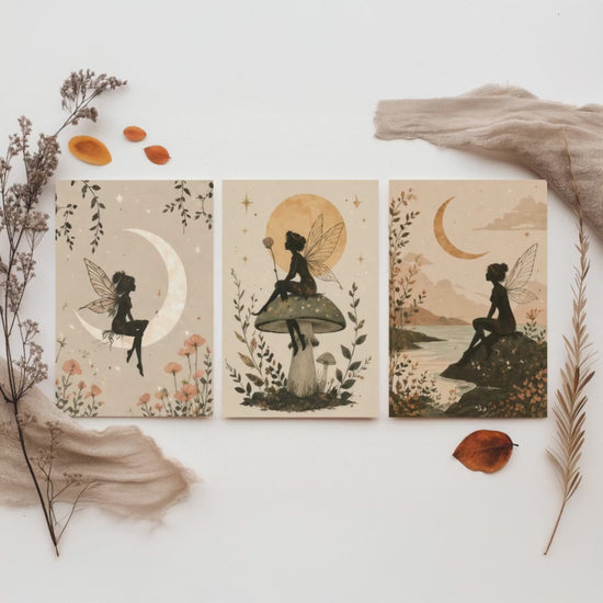 Fairy & Moon Botanical Set of Three Art Prints - Whimsical Fairy Illustration - Celestial Poster Wall Art Gift Decor V1