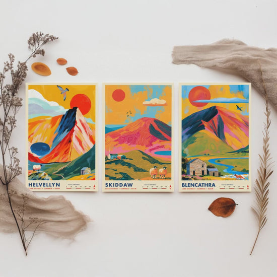 Lake District Set of Three Travel Posters - Helvellyn, Skiddaw, Blencathra - Vibrant Cumbria Art Print Illustration Gift