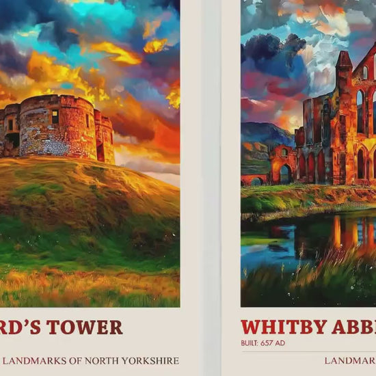 North Yorkshire Landmarks - Set of Three Art Prints - Clifford's Tower Poster, Whitby Abbey Painting, Scarborough Castle Gift Illustration