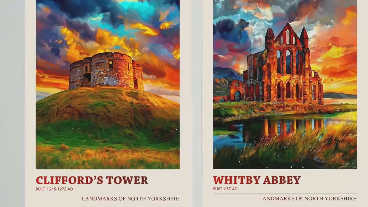 North Yorkshire Landmarks - Set of Three Art Prints - Clifford's Tower Poster, Whitby Abbey Painting, Scarborough Castle Gift Illustration