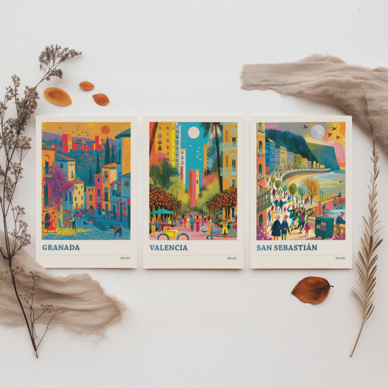 Spain Set of Three Travel Posters - Granada, Valencia, San Sebastian - Vibrant Art Print Illustration Gift Spanish Decor V1