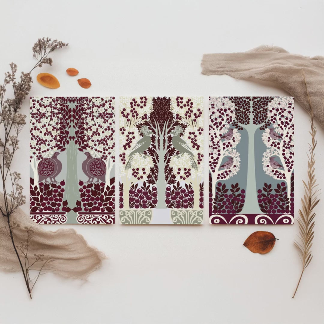 Scottish Book of the Woodlands Art Prints - Set of Three Burgundy & Sage Forest Posters - Partridge and Peacock Paintings V11