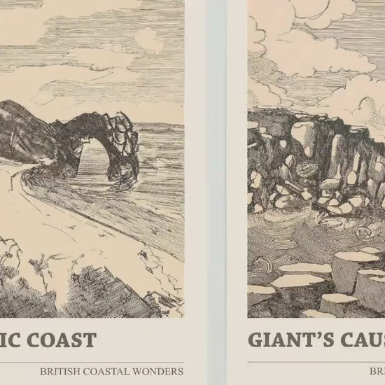 British Coastal Wonders Set of Three Pen & Ink Art Prints - Jurassic Coast, Giant's Causeway, White Cliffs of Dover - 3 Posters Painting