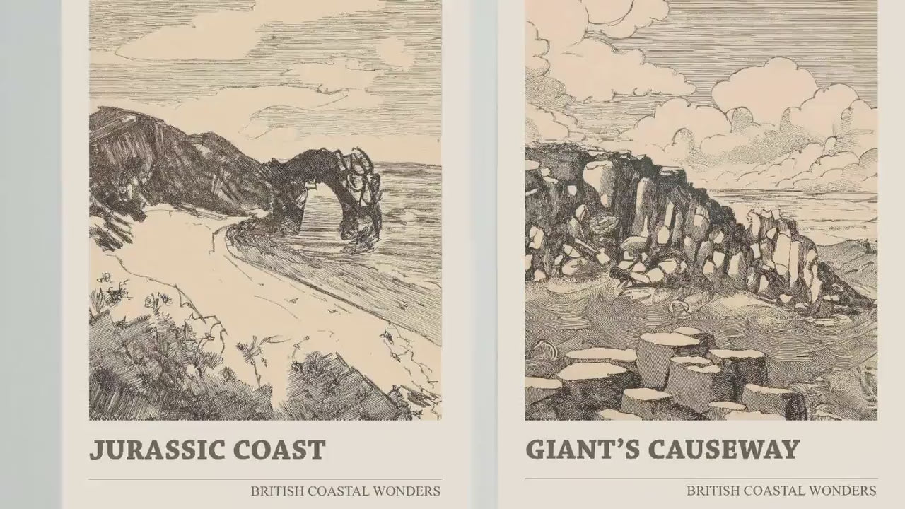 British Coastal Wonders Set of Three Pen & Ink Art Prints - Jurassic Coast, Giant's Causeway, White Cliffs of Dover - 3 Posters Painting