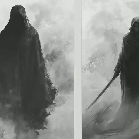 Hooded Skeleton in Halloween Fog Set of Three Art Prints - 3 Spooky Paintings - Poster Wall Gift Giclée Holiday Creepy Horror Greyscale