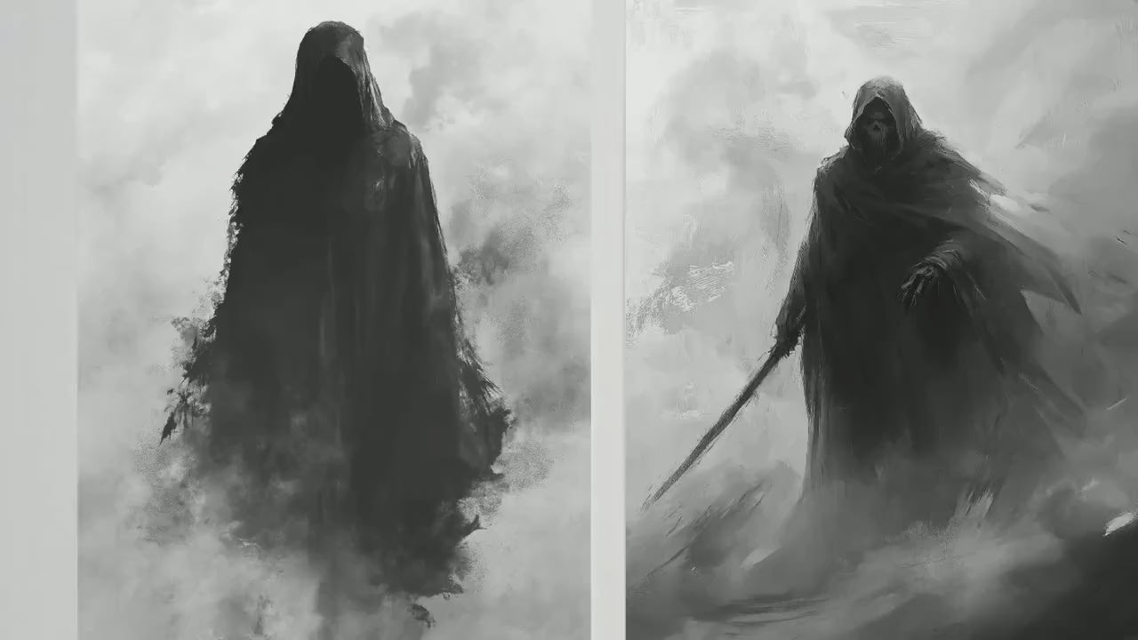 Hooded Skeleton in Halloween Fog Set of Three Art Prints - 3 Spooky Paintings - Poster Wall Gift Giclée Holiday Creepy Horror Greyscale