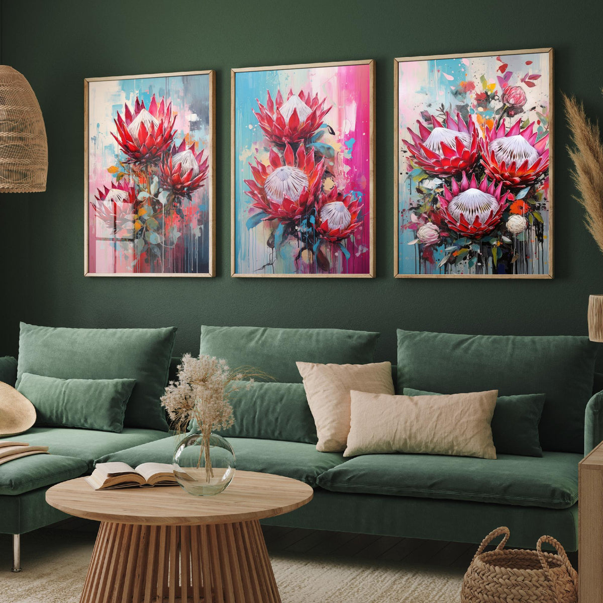 Proteas Set of Three Art Prints - Crimson and Pink King Proteas - Abstract Floral Painting Poster