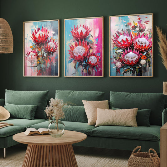Proteas Set of Three Art Prints - Crimson and Pink King Proteas - Abstract Floral Painting Poster