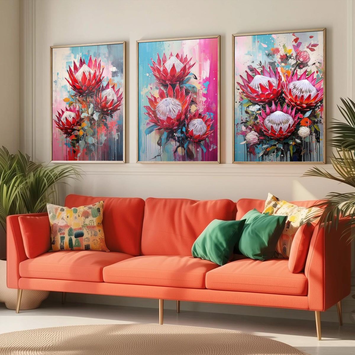 Proteas Set of Three Art Prints - Crimson and Pink King Proteas - Abstract Floral Painting Poster
