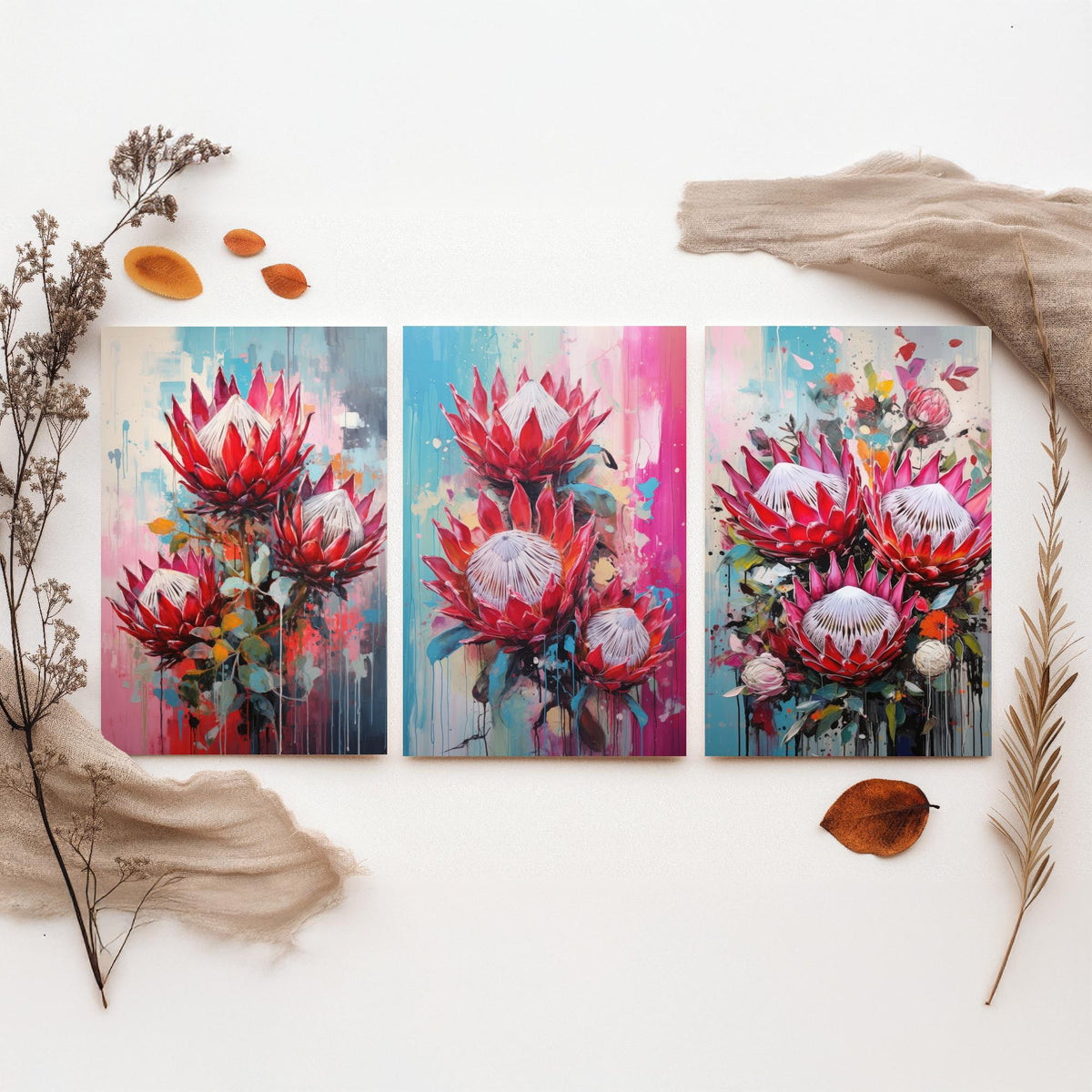 Proteas Set of Three Art Prints - Crimson and Pink King Proteas - Abstract Floral Painting Poster