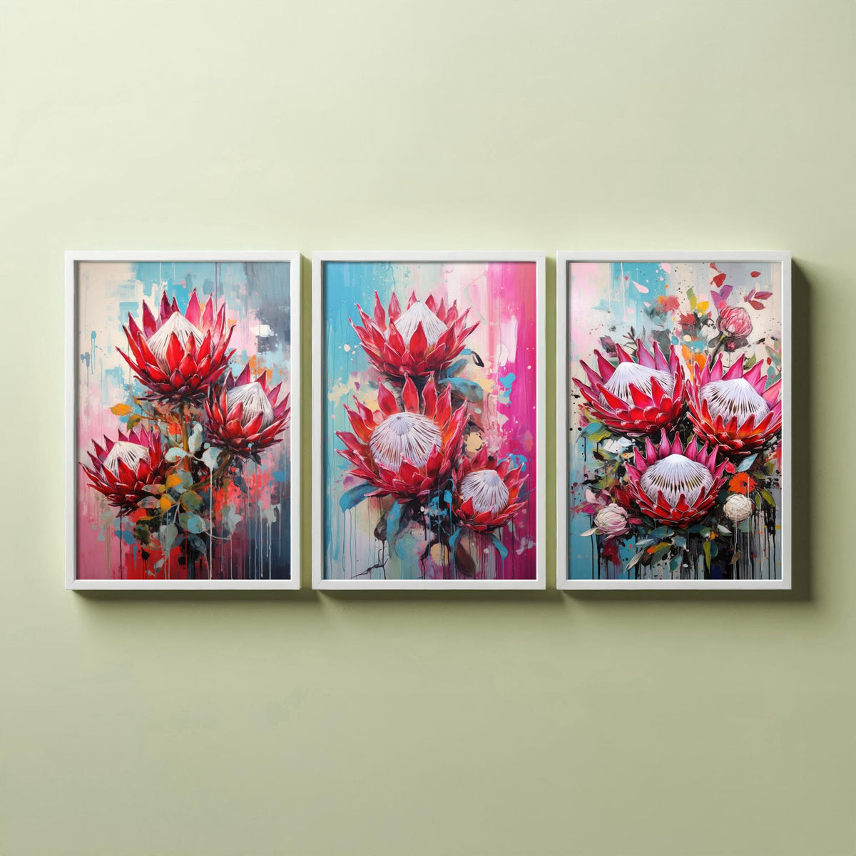 Proteas Set of Three Art Prints - Crimson and Pink King Proteas - Abstract Floral Painting Poster