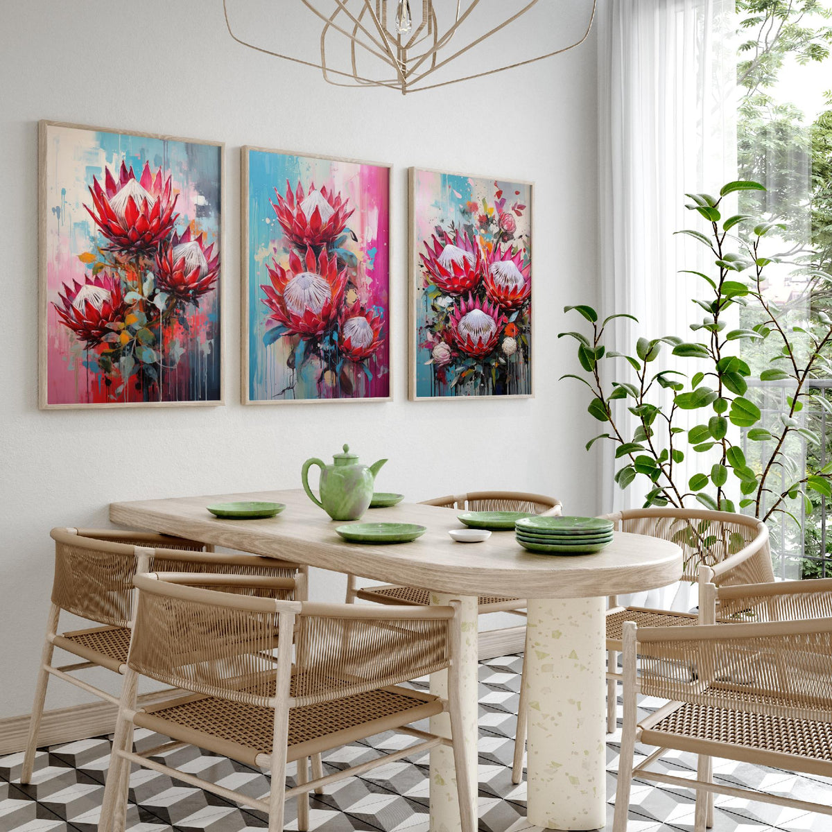 Proteas Set of Three Art Prints - Crimson and Pink King Proteas - Abstract Floral Painting Poster