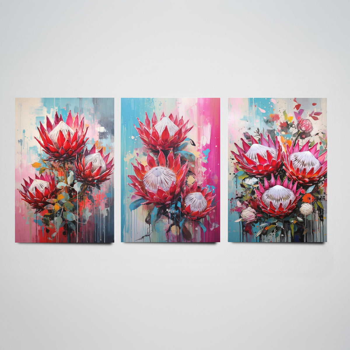 Proteas Set of Three Art Prints - Crimson and Pink King Proteas - Abstract Floral Painting Poster