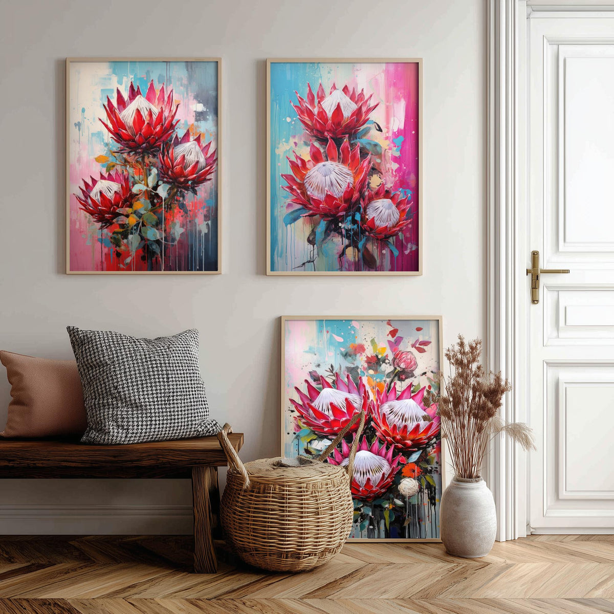Proteas Set of Three Art Prints - Crimson and Pink King Proteas - Abstract Floral Painting Poster