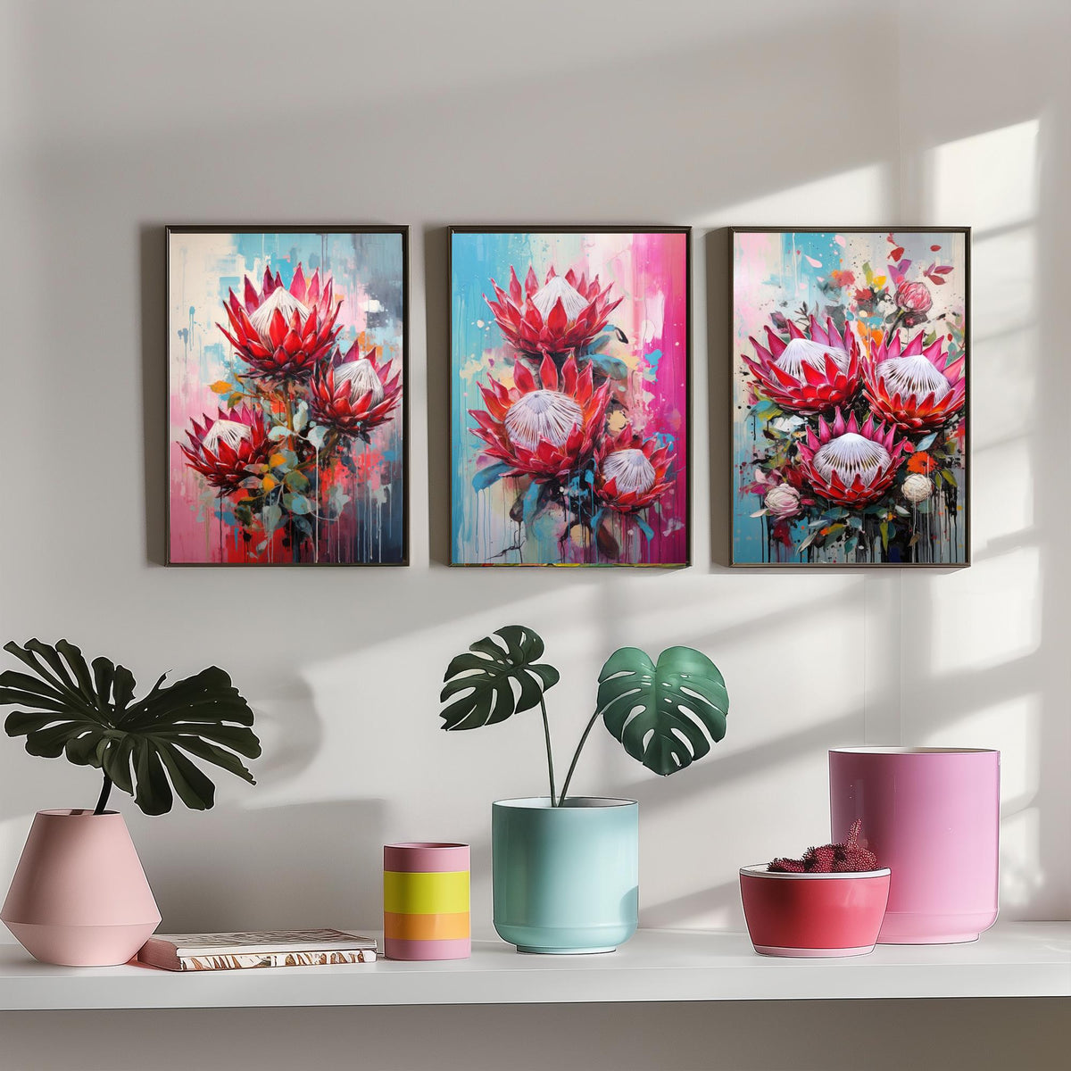 Proteas Set of Three Art Prints - Crimson and Pink King Proteas - Abstract Floral Painting Poster