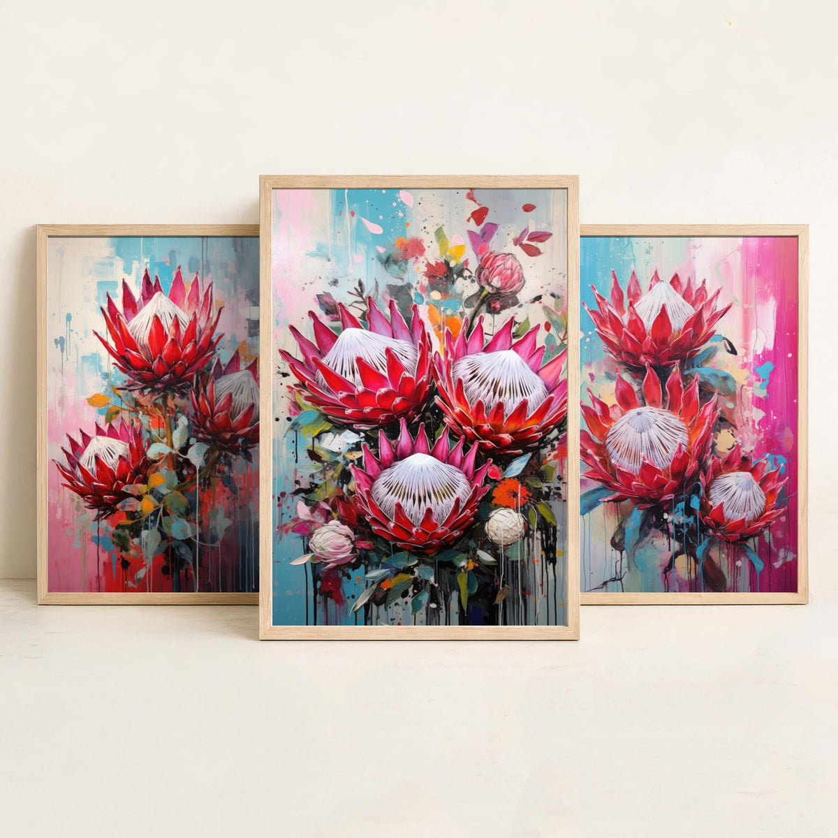 Proteas Set of Three Art Prints - Crimson and Pink King Proteas - Abstract Floral Painting Poster