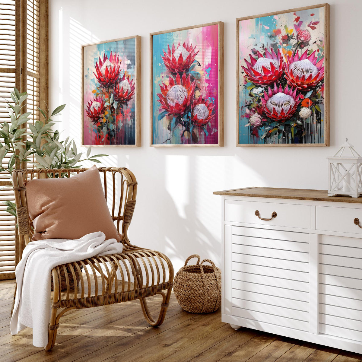 Proteas Set of Three Art Prints - Crimson and Pink King Proteas - Abstract Floral Painting Poster