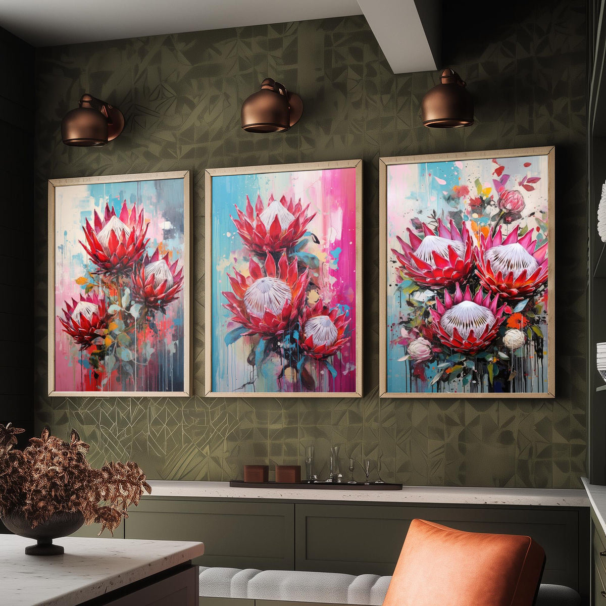 Proteas Set of Three Art Prints - Crimson and Pink King Proteas - Abstract Floral Painting Poster