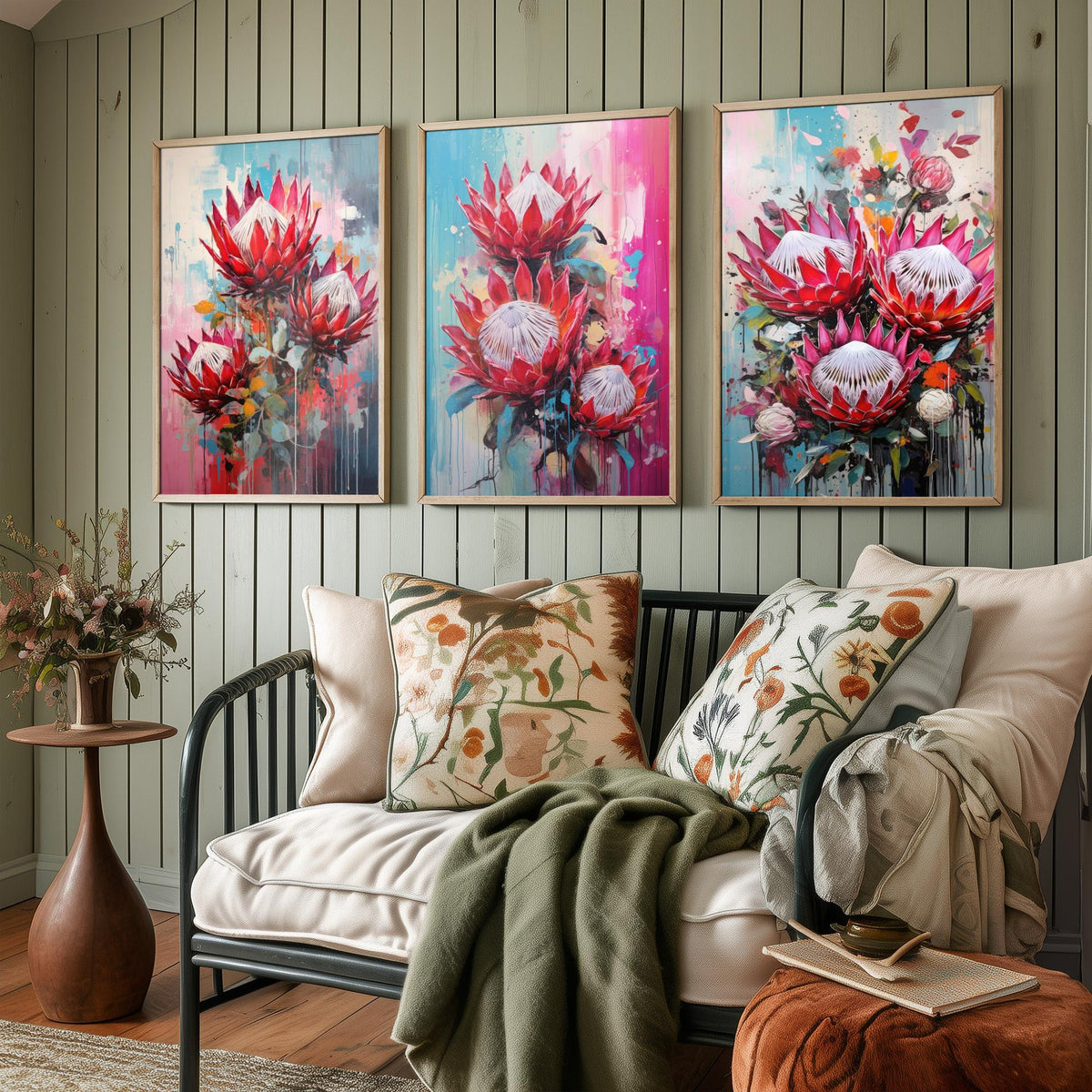 Proteas Set of Three Art Prints - Crimson and Pink King Proteas - Abstract Floral Painting Poster