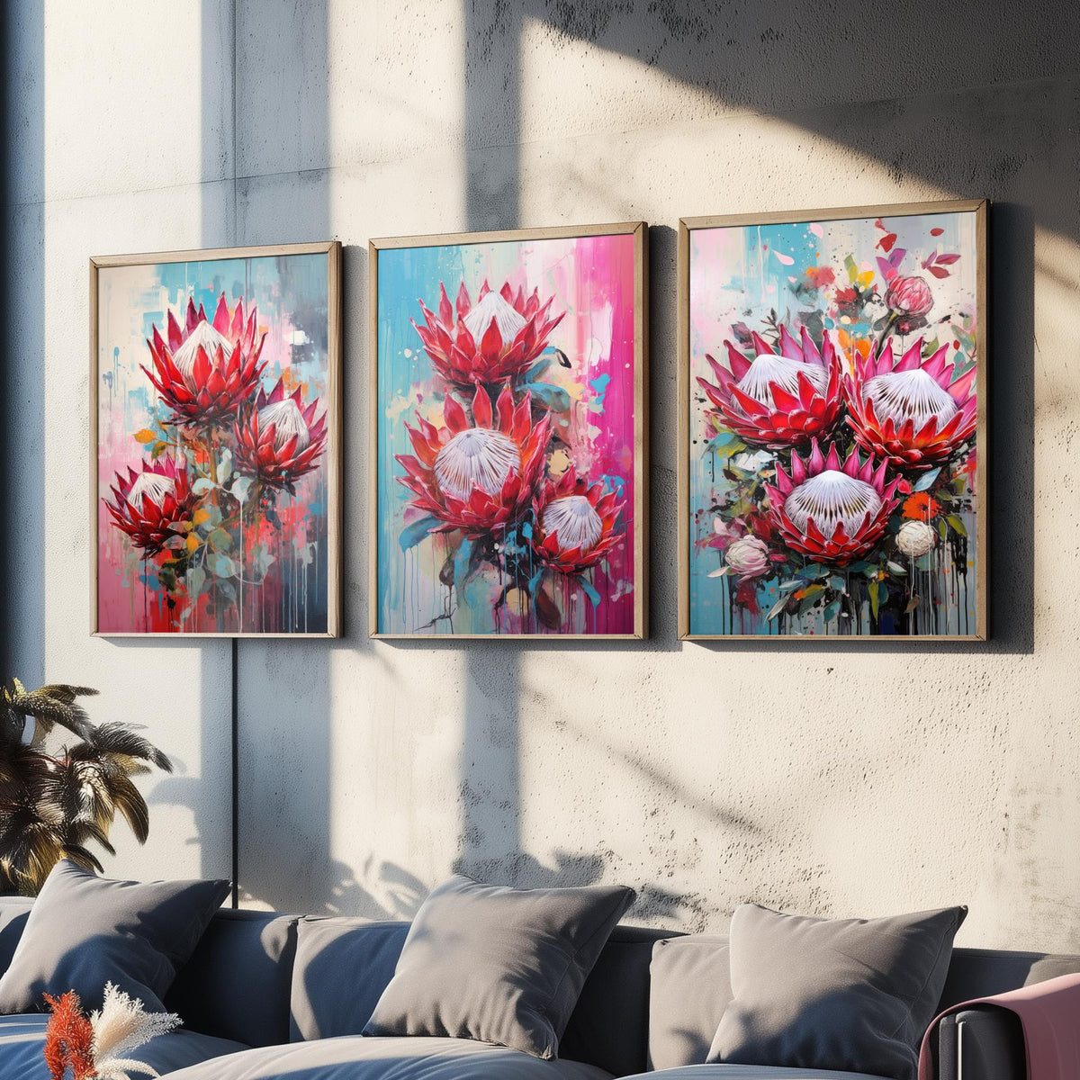 Proteas Set of Three Art Prints - Crimson and Pink King Proteas - Abstract Floral Painting Poster