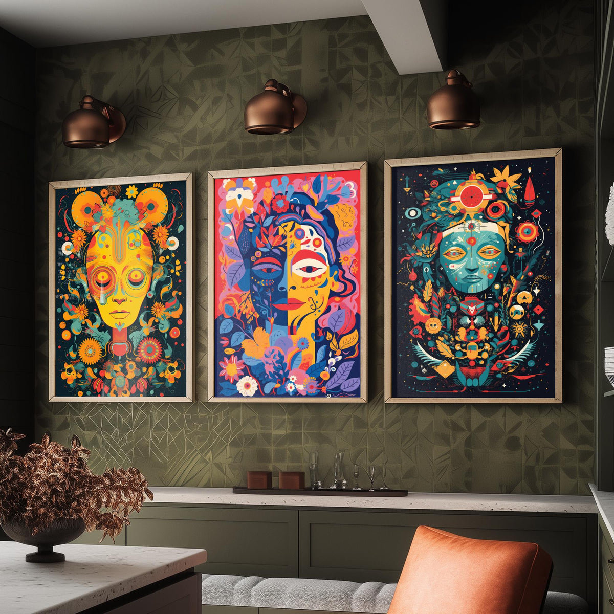 Psychedelic Faces Set of Three Art Prints - Folk Masks with Flowers and Symbols - Bold Neon Poster Illustration