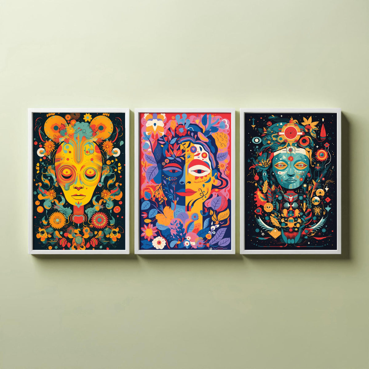 Psychedelic Faces Set of Three Art Prints - Folk Masks with Flowers and Symbols - Bold Neon Poster Illustration
