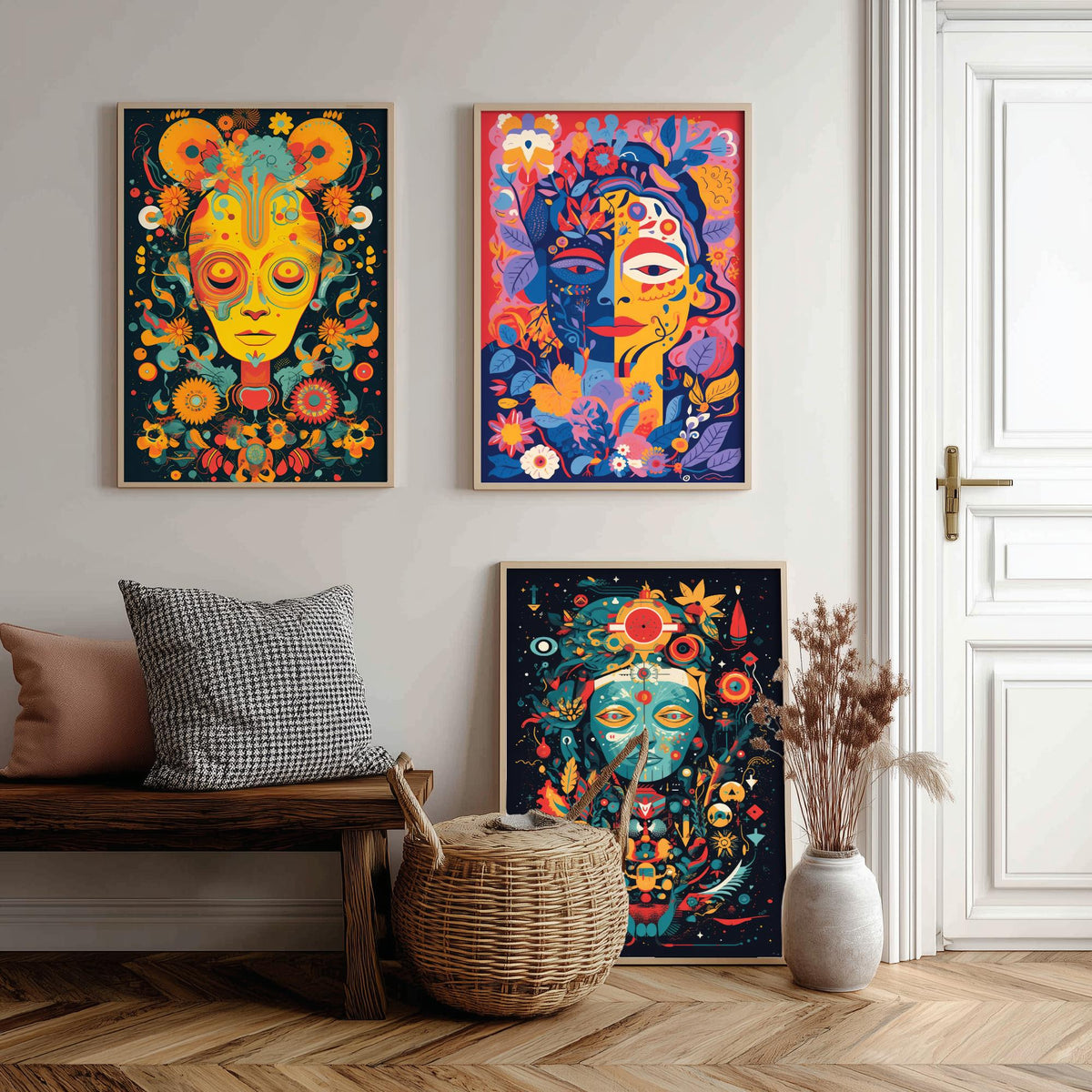 Psychedelic Faces Set of Three Art Prints - Folk Masks with Flowers and Symbols - Bold Neon Poster Illustration