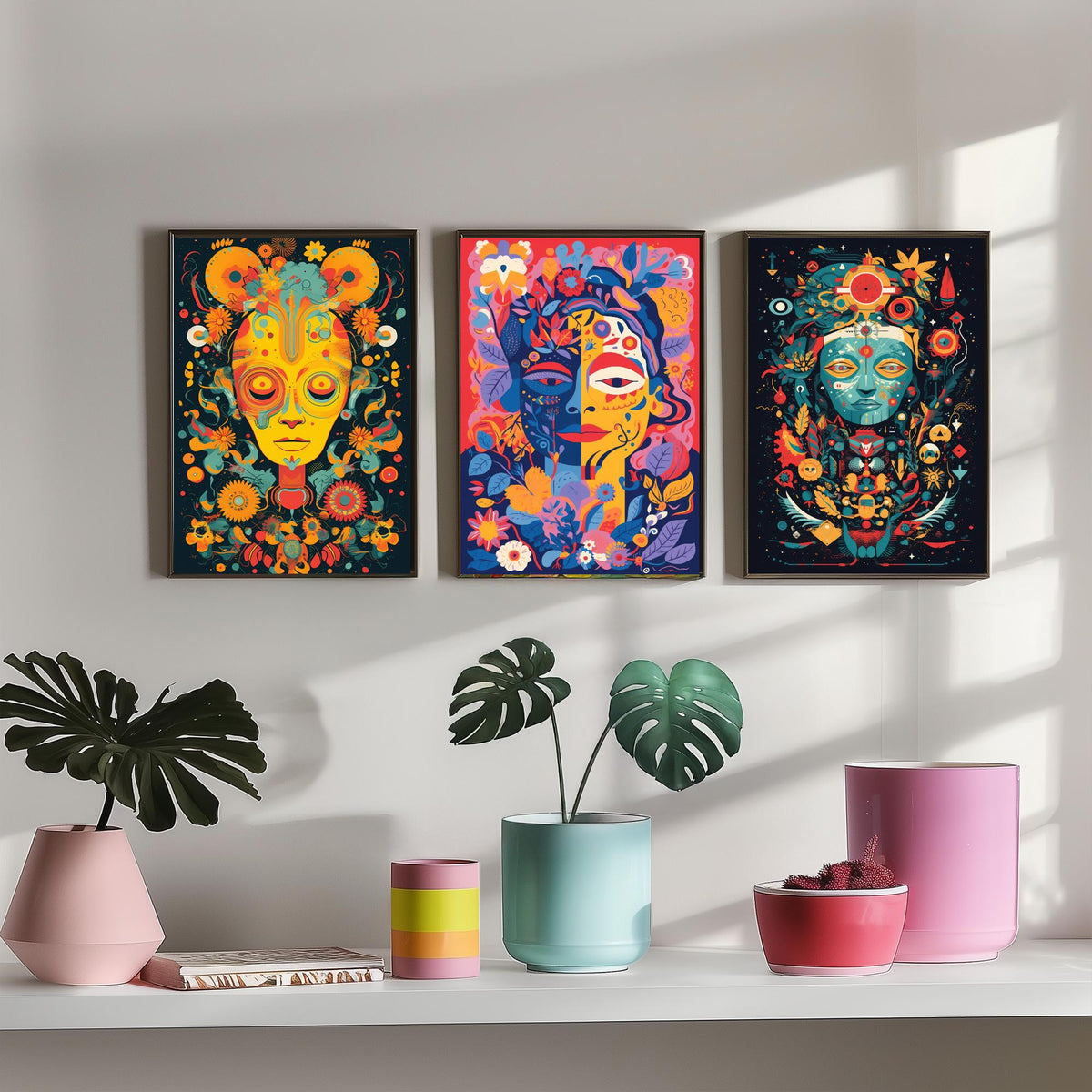 Psychedelic Faces Set of Three Art Prints - Folk Masks with Flowers and Symbols - Bold Neon Poster Illustration