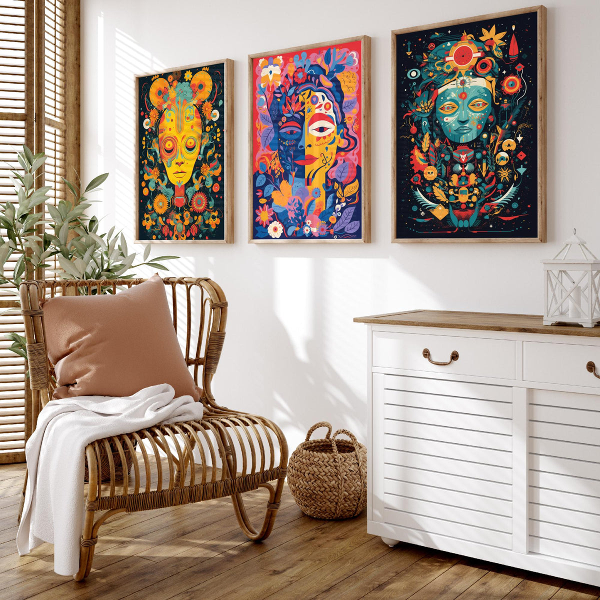 Psychedelic Faces Set of Three Art Prints - Folk Masks with Flowers and Symbols - Bold Neon Poster Illustration