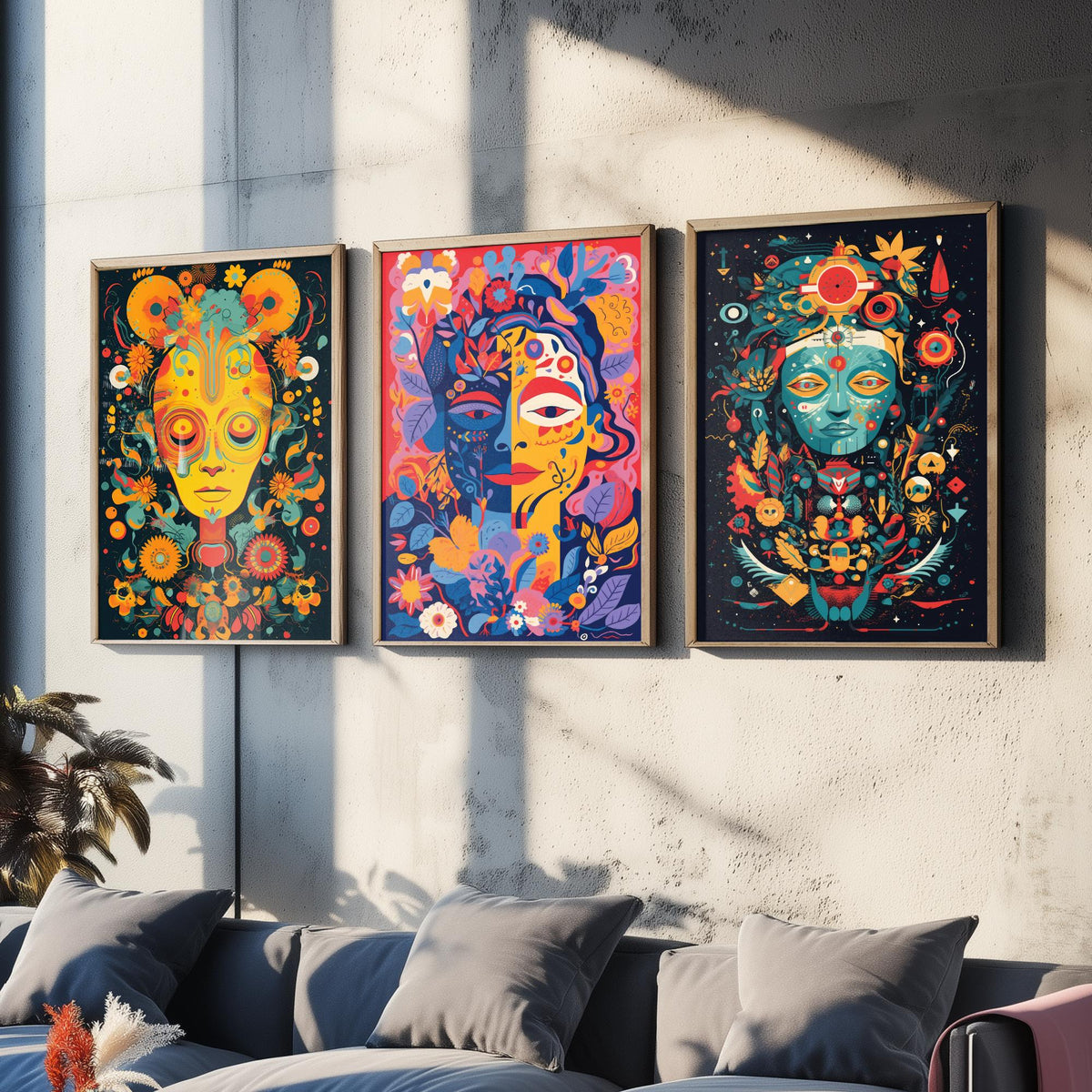 Psychedelic Faces Set of Three Art Prints - Folk Masks with Flowers and Symbols - Bold Neon Poster Illustration