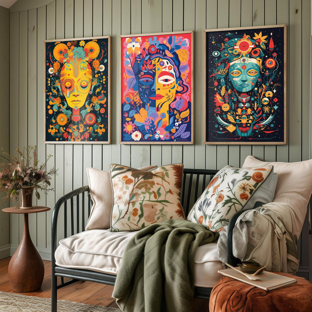 Psychedelic Faces Set of Three Art Prints - Folk Masks with Flowers and Symbols - Bold Neon Poster Illustration