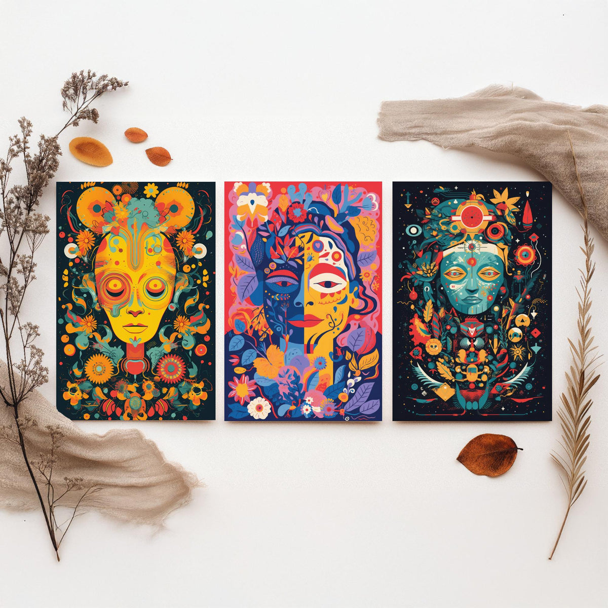Psychedelic Faces Set of Three Art Prints - Folk Masks with Flowers and Symbols - Bold Neon Poster Illustration