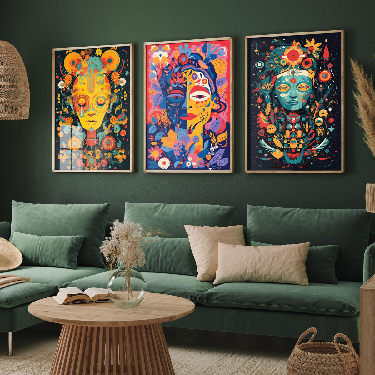 Psychedelic Faces Set of Three Art Prints - Folk Masks with Flowers and Symbols - Bold Neon Poster Illustration