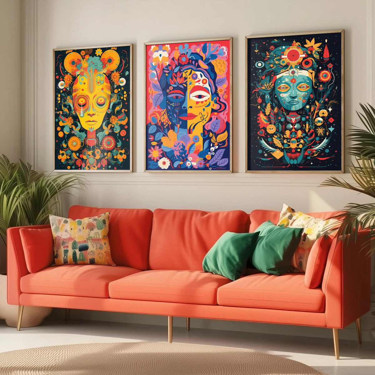 Psychedelic Faces Set of Three Art Prints - Folk Masks with Flowers and Symbols - Bold Neon Poster Illustration
