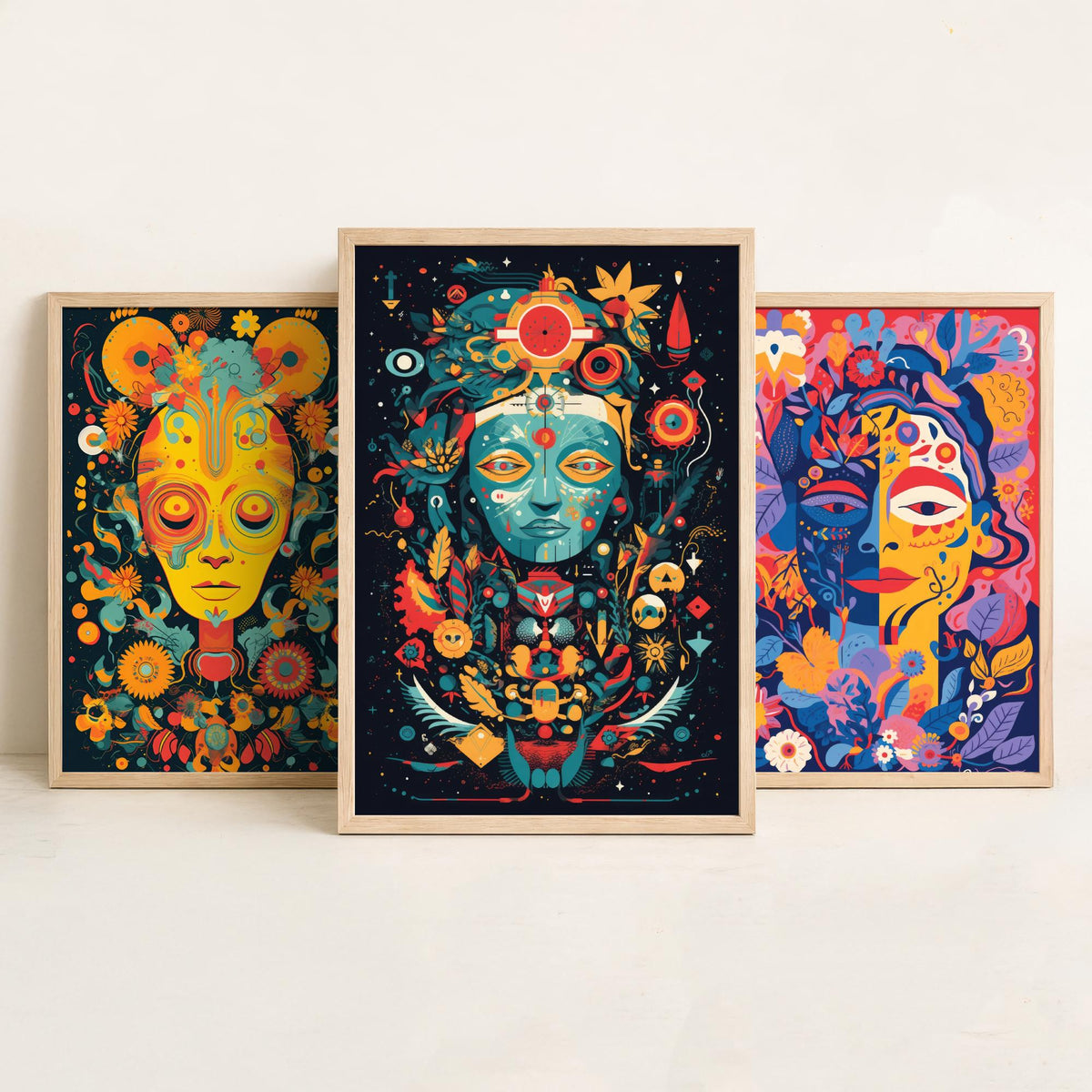 Psychedelic Faces Set of Three Art Prints - Folk Masks with Flowers and Symbols - Bold Neon Poster Illustration