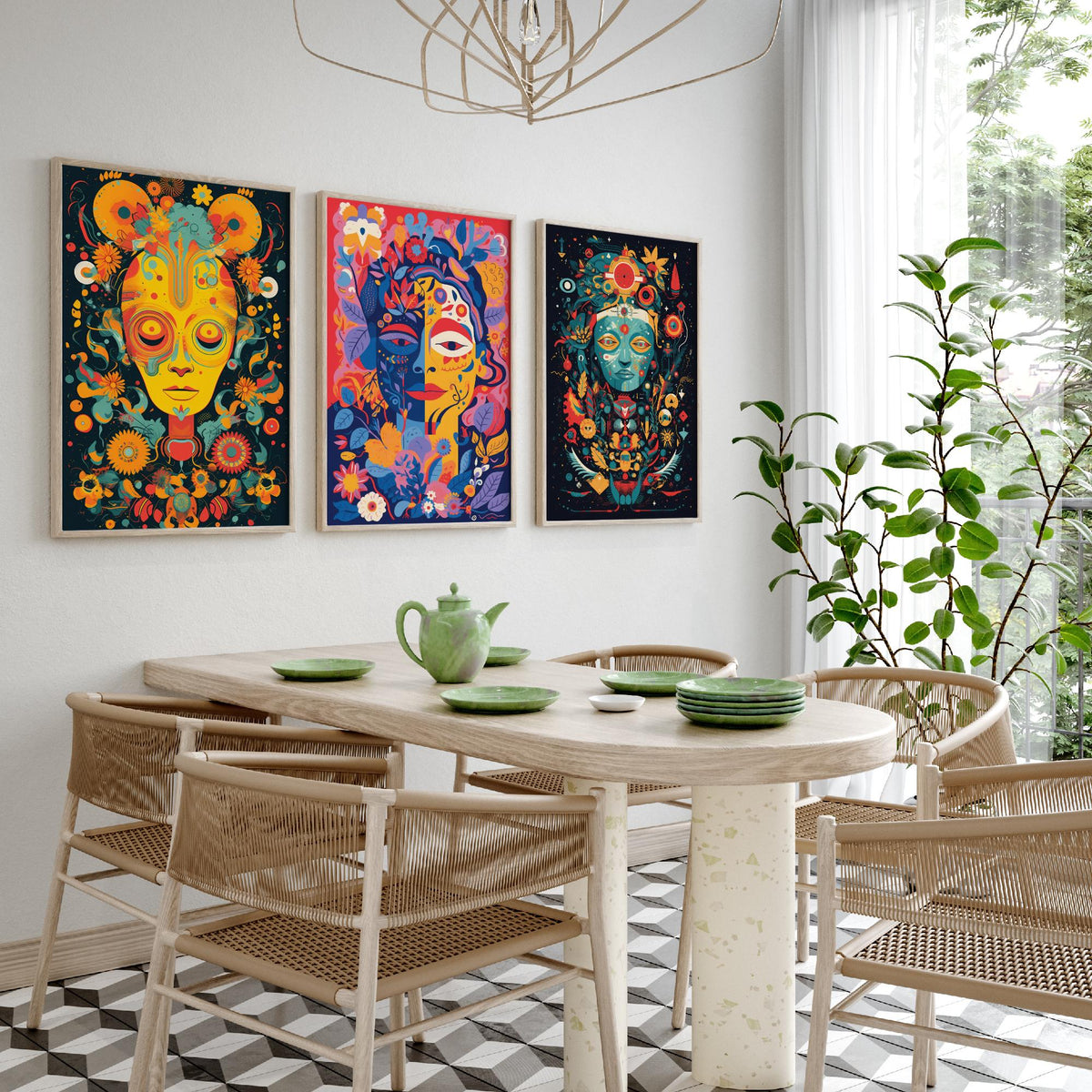 Psychedelic Faces Set of Three Art Prints - Folk Masks with Flowers and Symbols - Bold Neon Poster Illustration