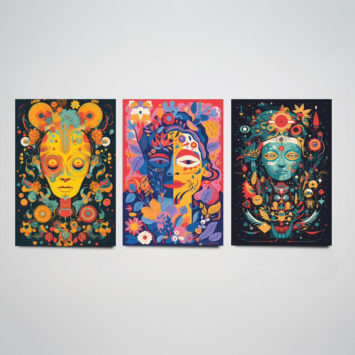 Psychedelic Faces Set of Three Art Prints - Folk Masks with Flowers and Symbols - Bold Neon Poster Illustration