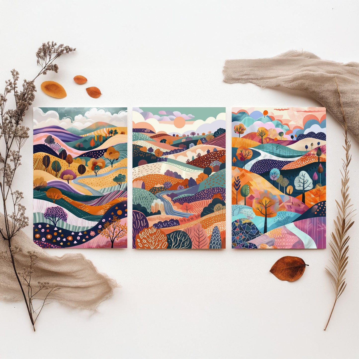 Flowing Purple English Landscape Set of Three Art Prints - 3 Rolling Hills Fields Valley Posters - Abstract Countryside Illustration Gift