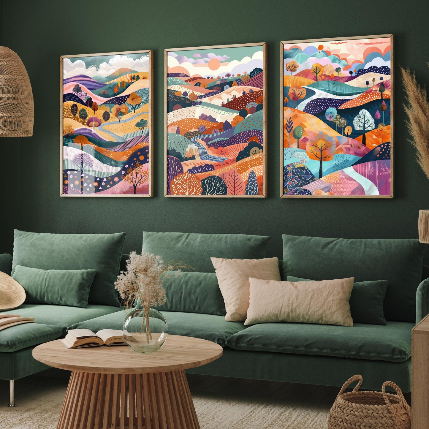 Flowing Purple English Landscape Set of Three Art Prints - 3 Rolling Hills Fields Valley Posters - Abstract Countryside Illustration Gift
