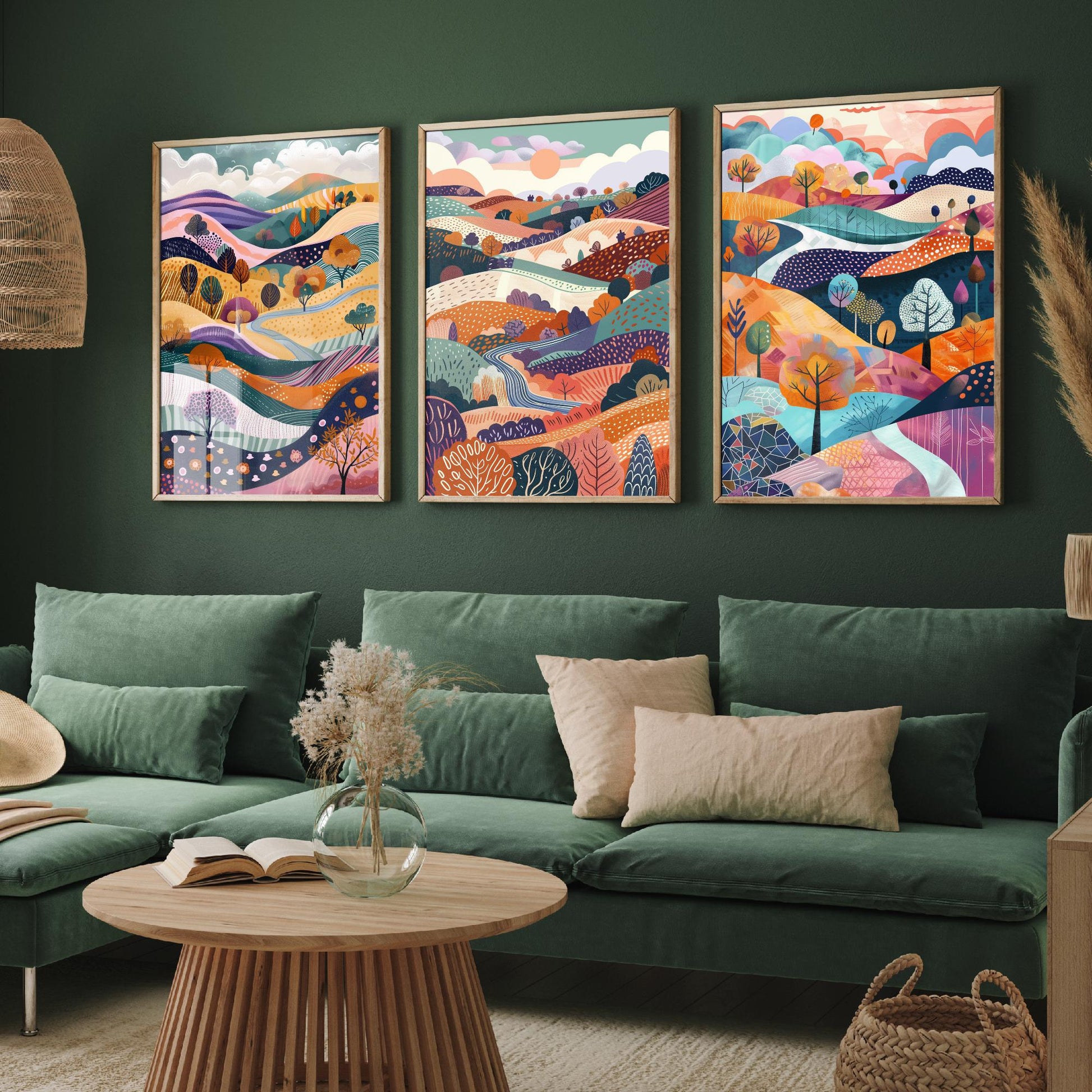 Flowing Purple English Landscape Set of Three Art Prints - 3 Rolling Hills Fields Valley Posters - Abstract Countryside Illustration Gift