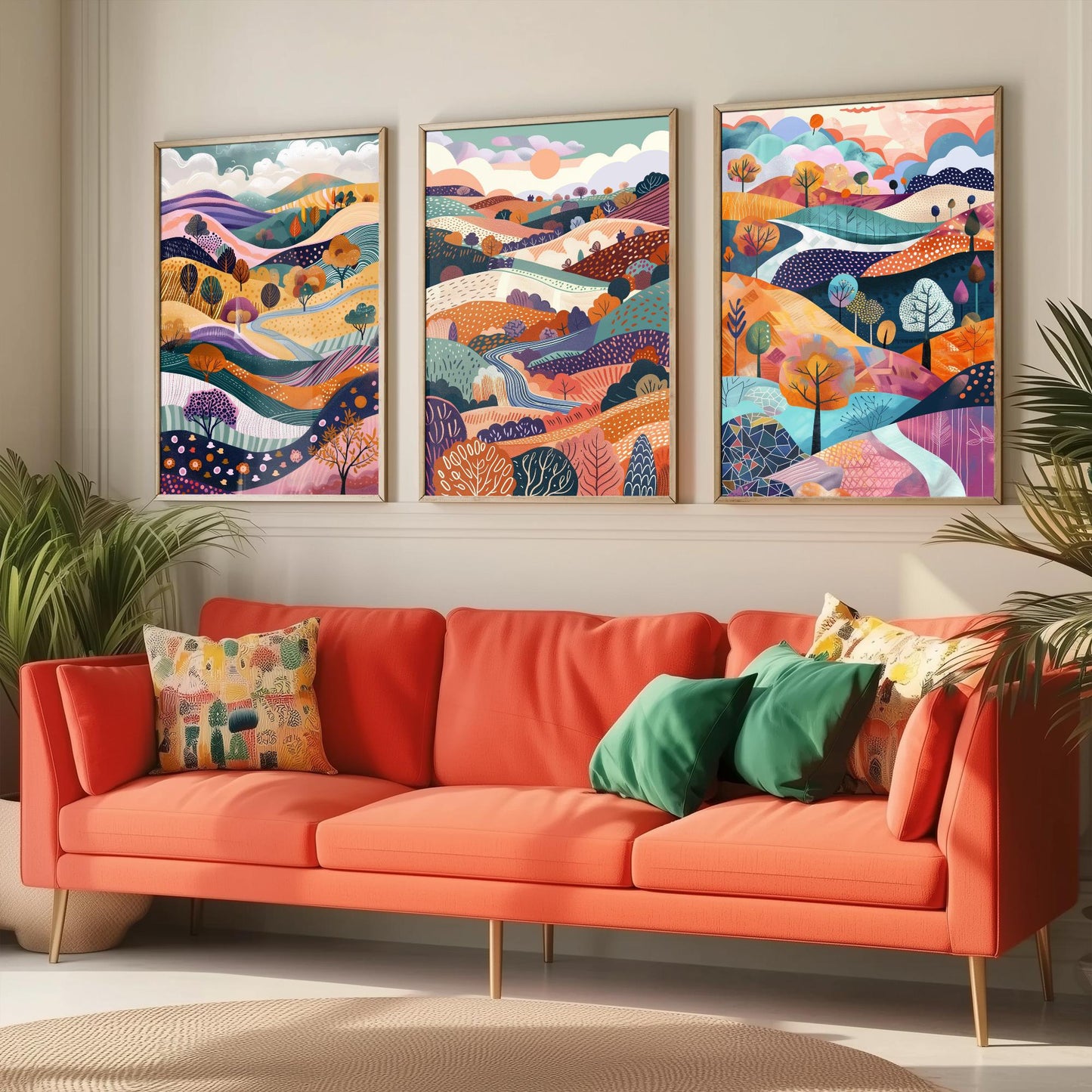 Flowing Purple English Landscape Set of Three Art Prints - 3 Rolling Hills Fields Valley Posters - Abstract Countryside Illustration Gift