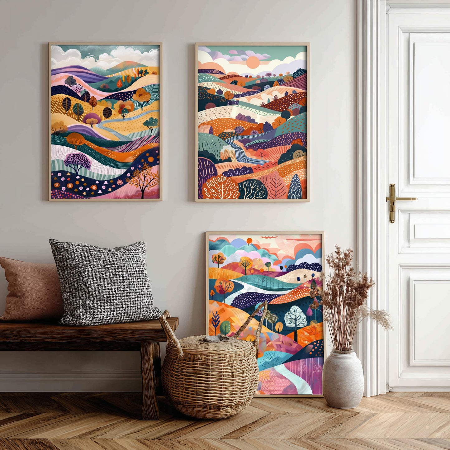 Flowing Purple English Landscape Set of Three Art Prints - 3 Rolling Hills Fields Valley Posters - Abstract Countryside Illustration Gift