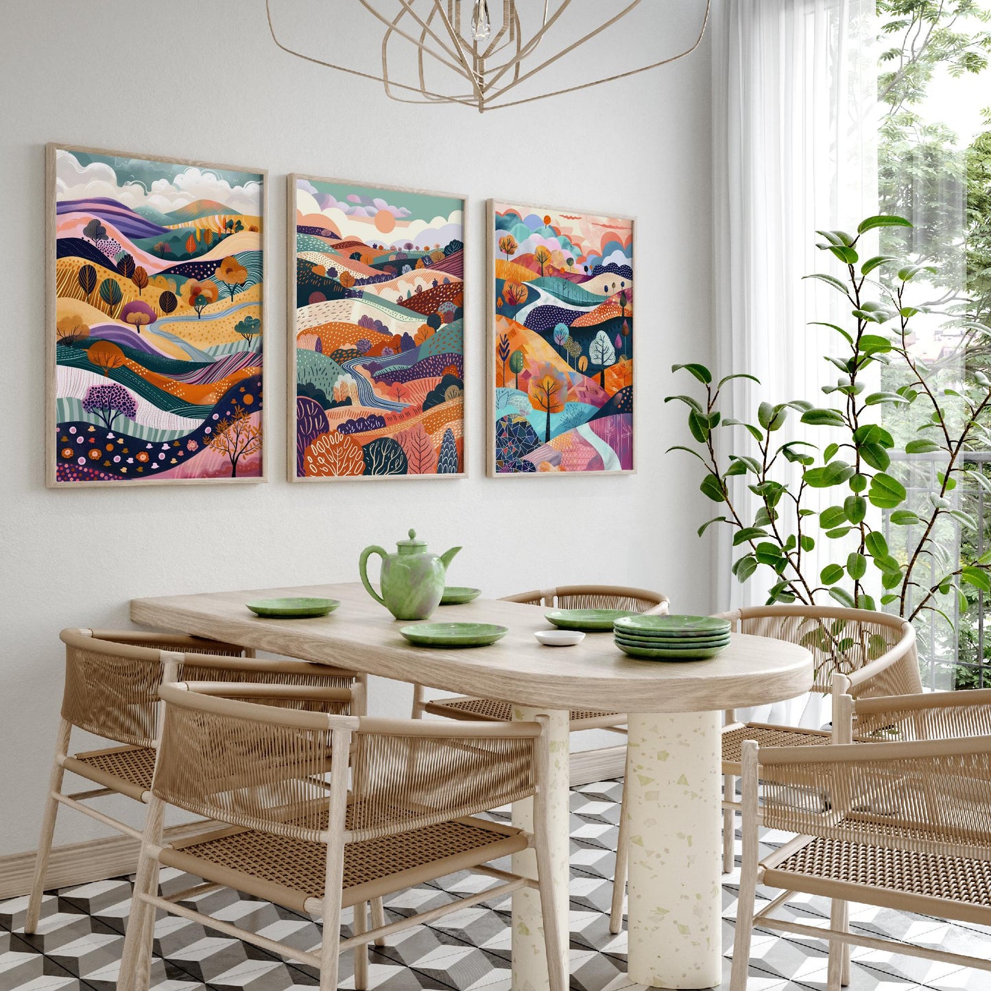 Flowing Purple English Landscape Set of Three Art Prints - 3 Rolling Hills Fields Valley Posters - Abstract Countryside Illustration Gift