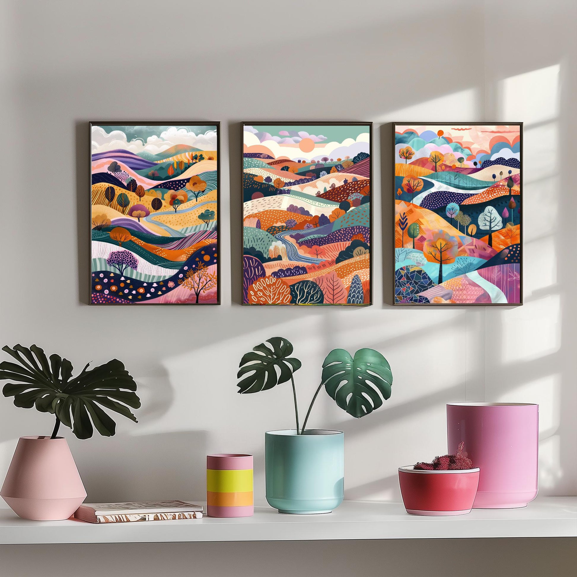 Flowing Purple English Landscape Set of Three Art Prints - 3 Rolling Hills Fields Valley Posters - Abstract Countryside Illustration Gift