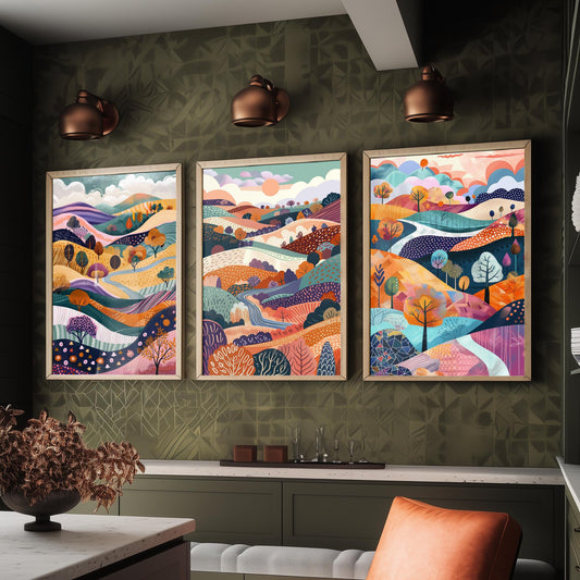 Flowing Purple English Landscape Set of Three Art Prints - 3 Rolling Hills Fields Valley Posters - Abstract Countryside Illustration Gift