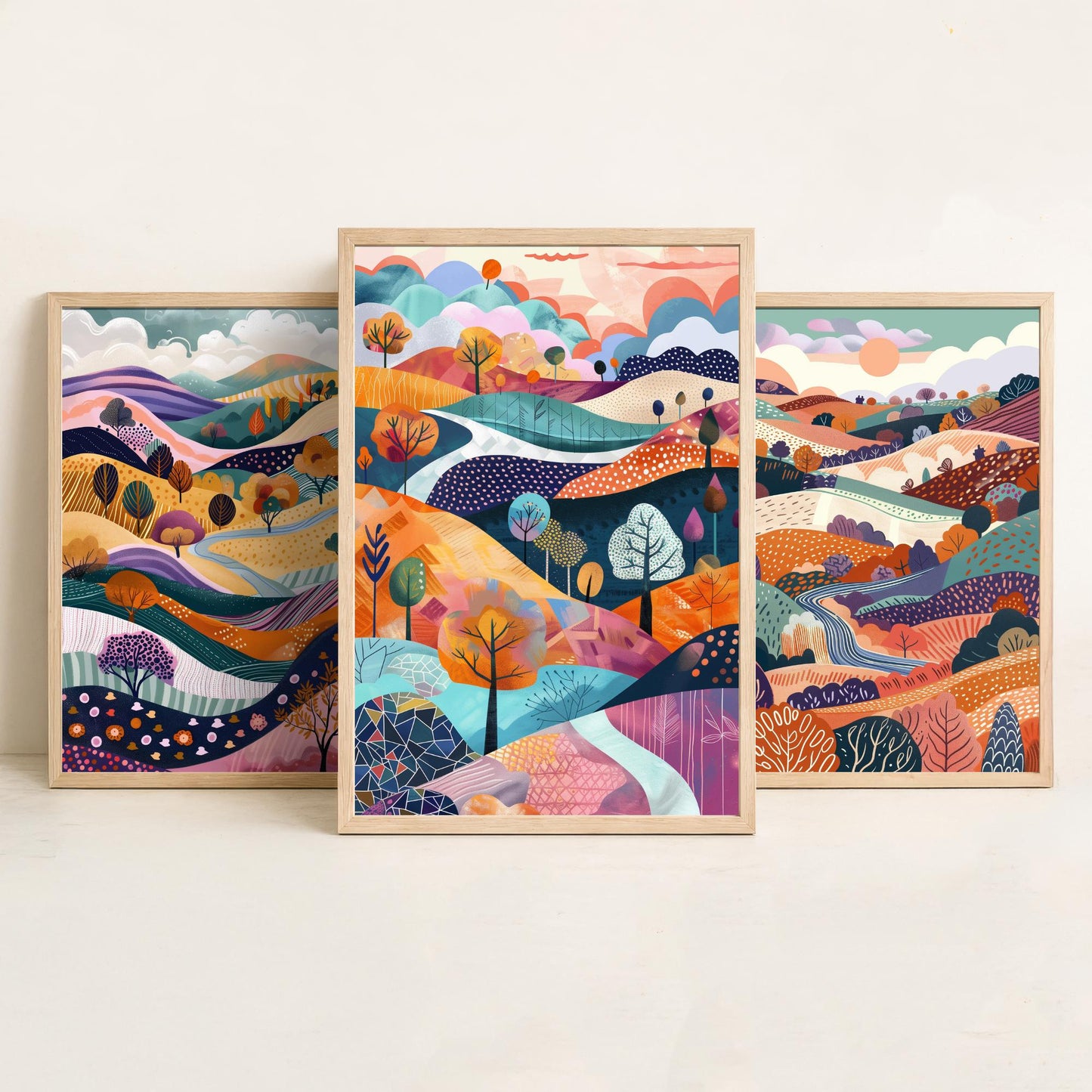 Flowing Purple English Landscape Set of Three Art Prints - 3 Rolling Hills Fields Valley Posters - Abstract Countryside Illustration Gift