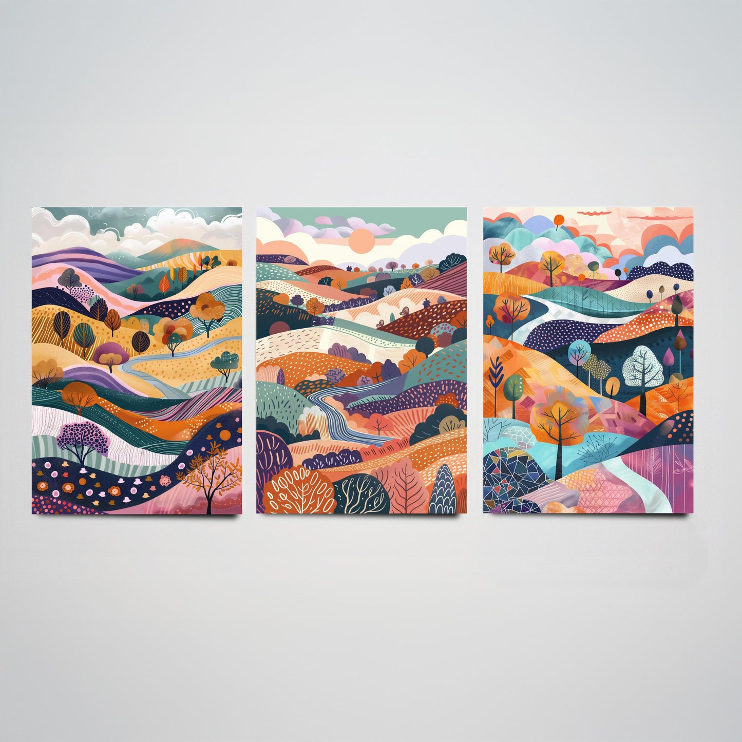 Flowing Purple English Landscape Set of Three Art Prints - 3 Rolling Hills Fields Valley Posters - Abstract Countryside Illustration Gift
