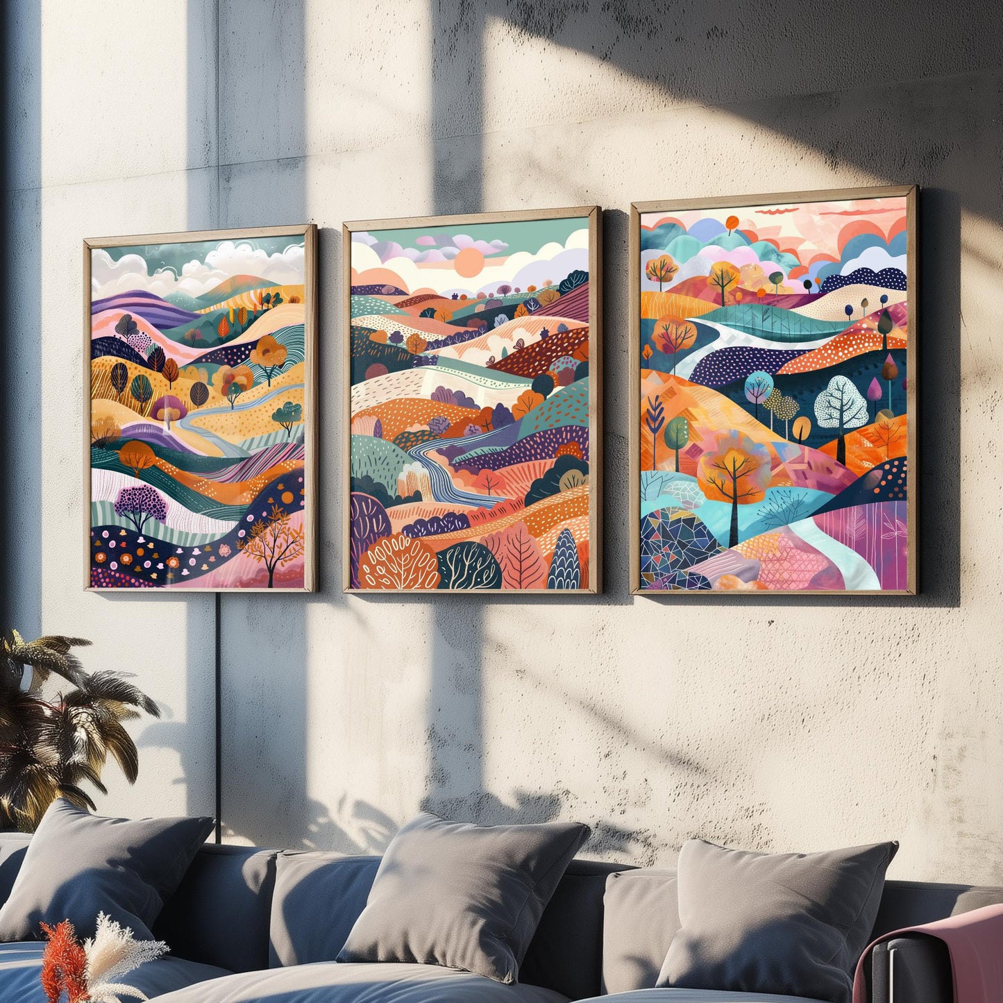 Flowing Purple English Landscape Set of Three Art Prints - 3 Rolling Hills Fields Valley Posters - Abstract Countryside Illustration Gift